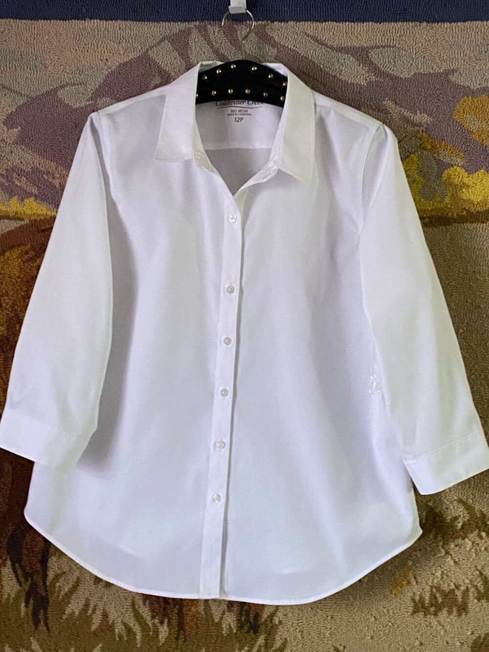 NEW Coldwater Creek No-Iron Sz 12P White Blouse Button Up Shirt 3/4 Sleeve